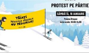 PROTEST pe schiuri în Poiana Brașov împotriva tăierii pădurilor