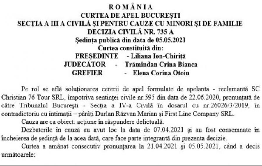 Decizia Curții de Apel București în dosarul 26026/3/2019