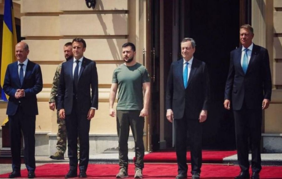 Macron, Iohannis, Scholz și Draghi au fost primiți la palatul prezidențial din Kiev de către Volodimir Zelenski