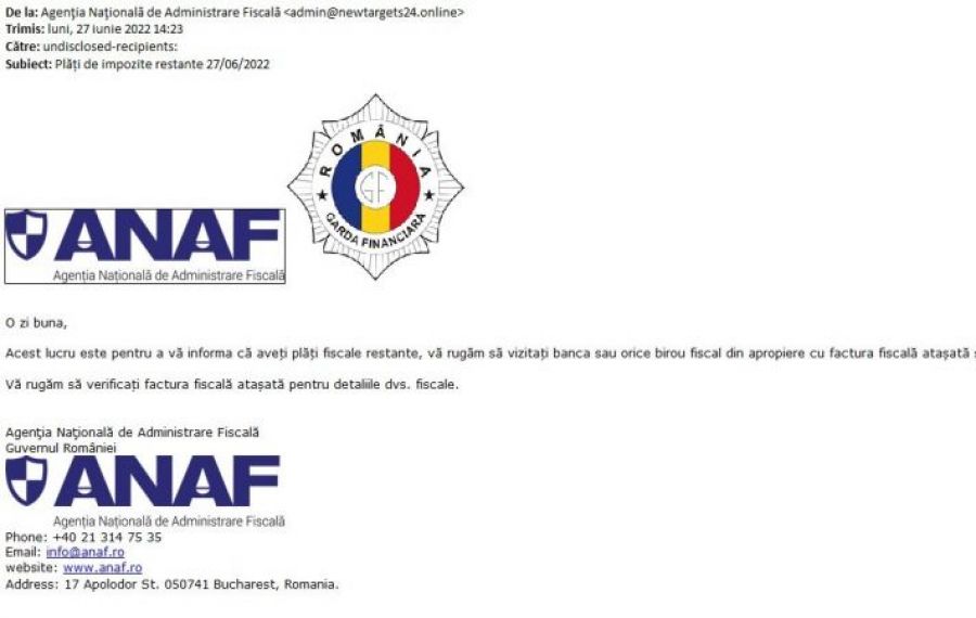 ANAF avertizează asupra unor mailuri FALSE, trimise în numele instituției